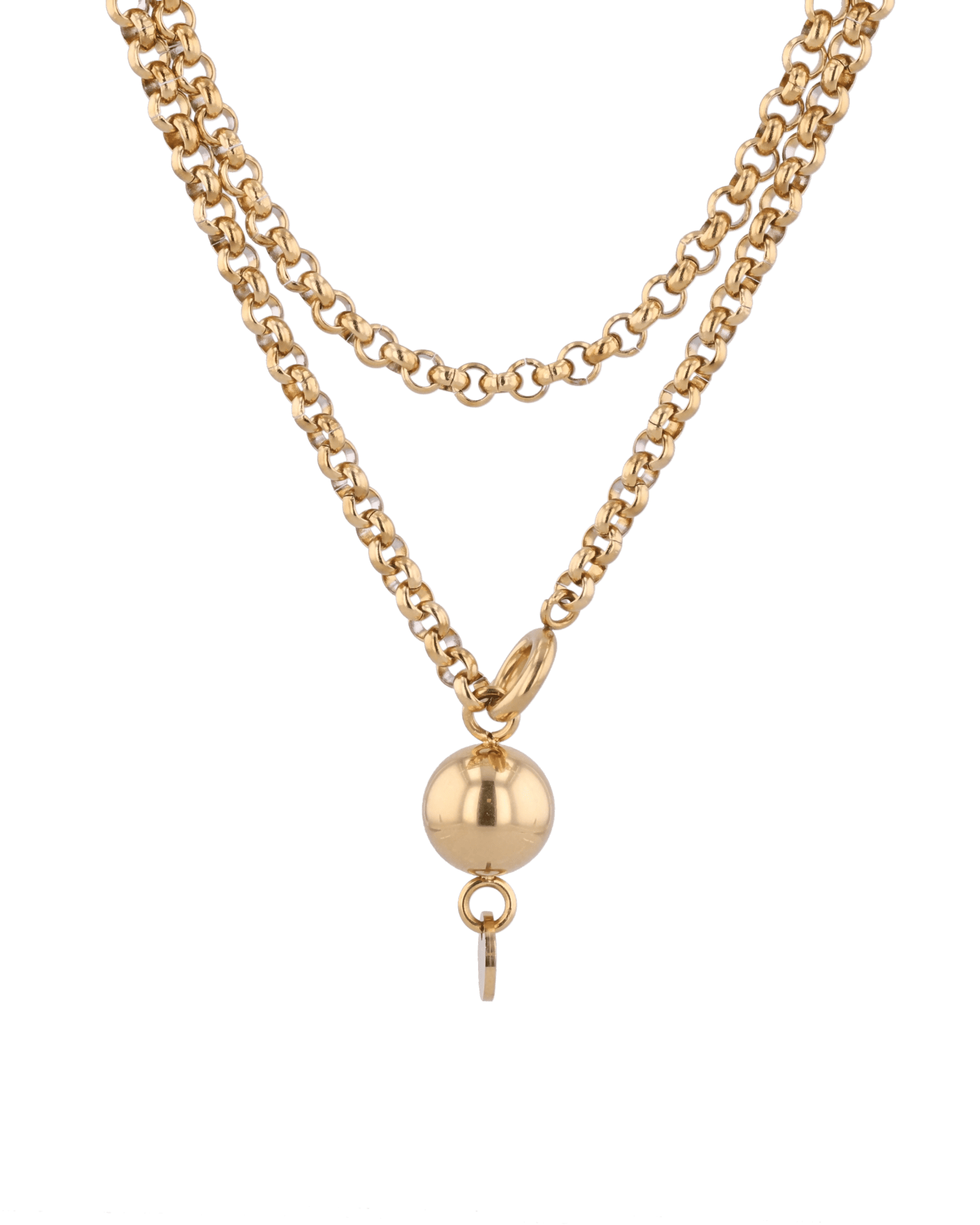 Rolo gold lariat chain necklace by Lavana, wrap and thread design with ball pendant