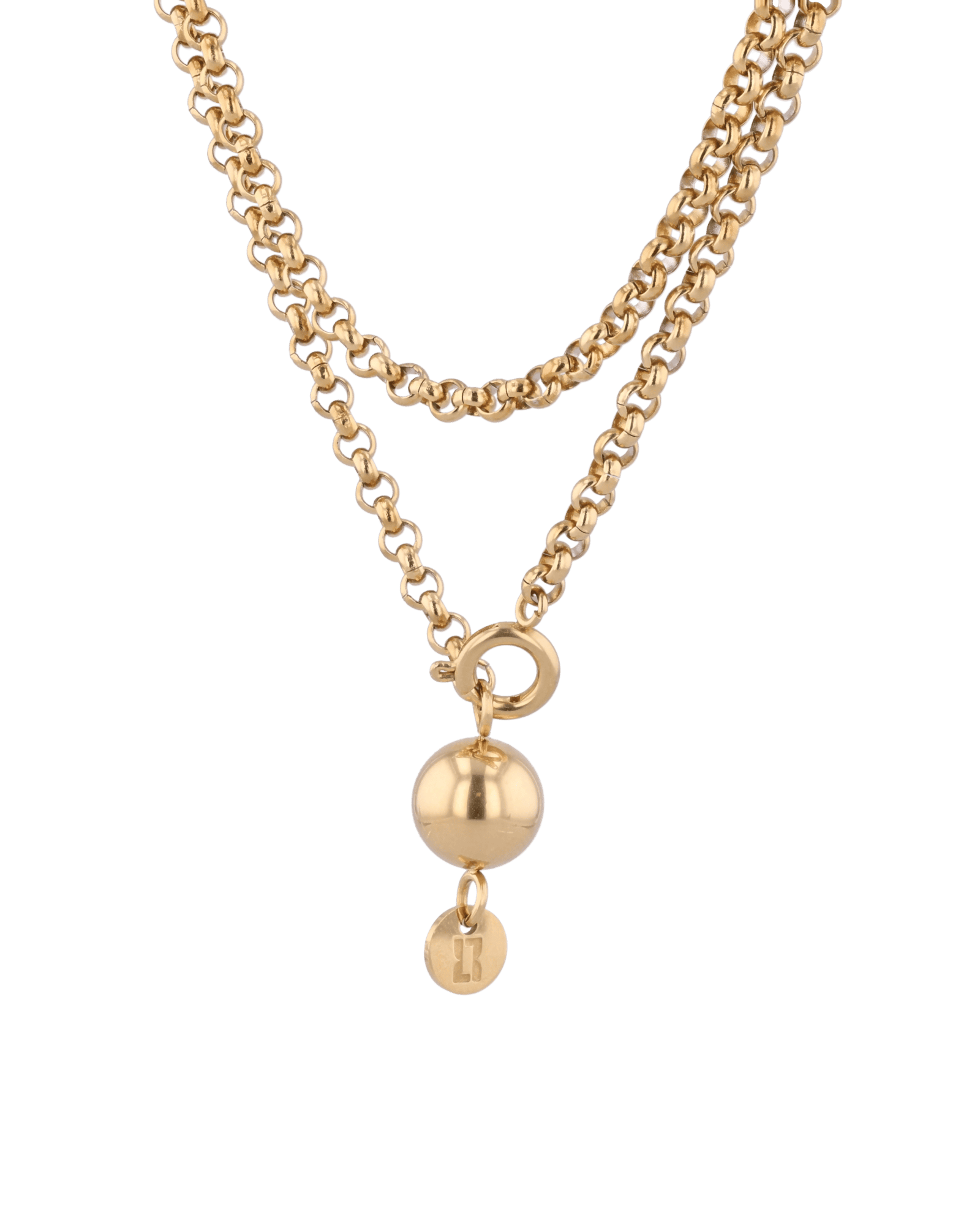 Rolo gold lariat chain necklace by Lavana, wrap and thread design with ball pendant