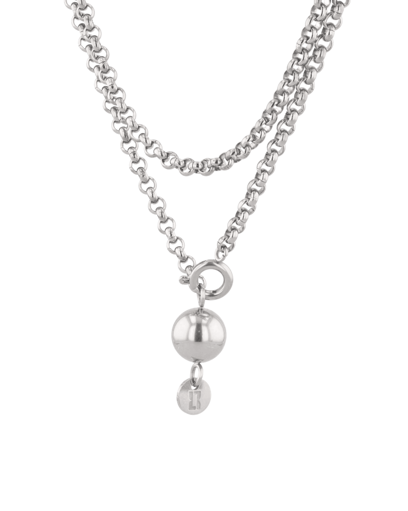 Rolo silver lariat chain necklace by Lavana, wrap and thread design with ball pendant