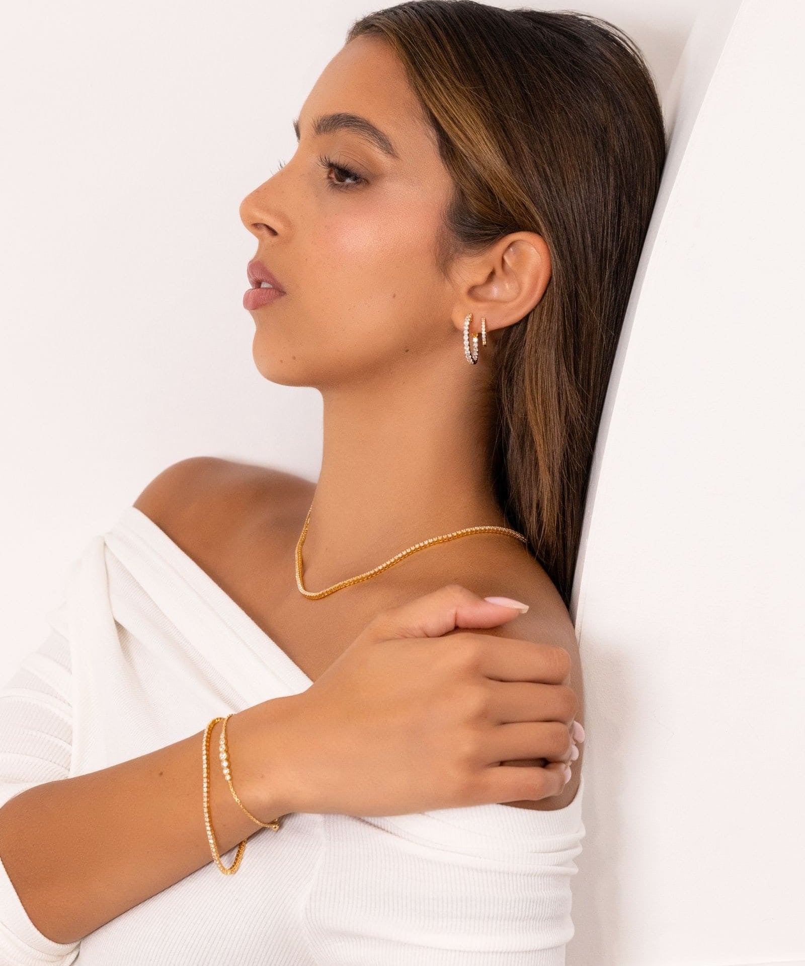 Roma Gold Diamond Hoop Earrings by Lavana on model classic round cut lab grown diamonds in 18k gold vermeil