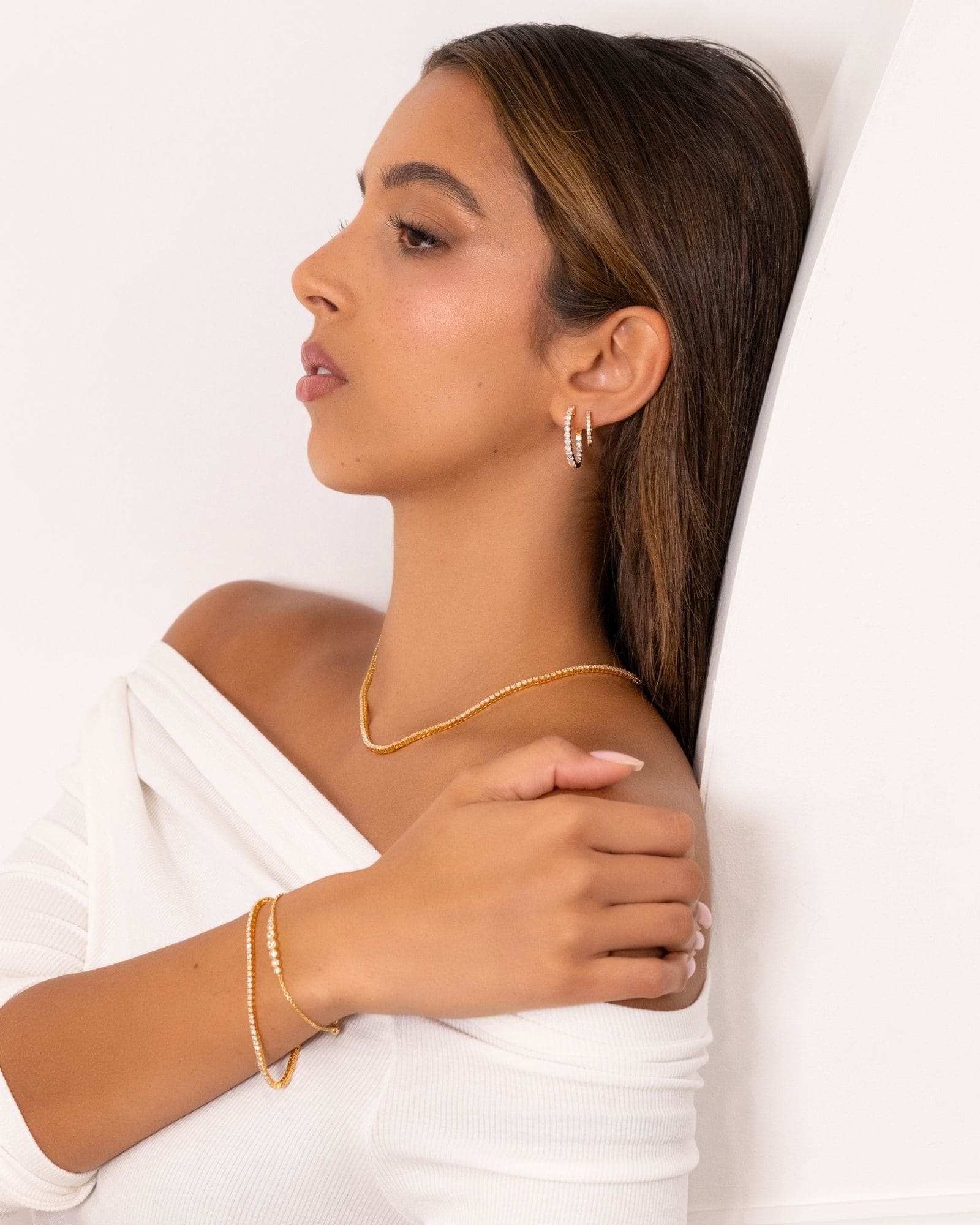 Roma Gold Diamond Hoop Earrings by Lavana on model classic round cut lab grown diamonds in 18k gold vermeil