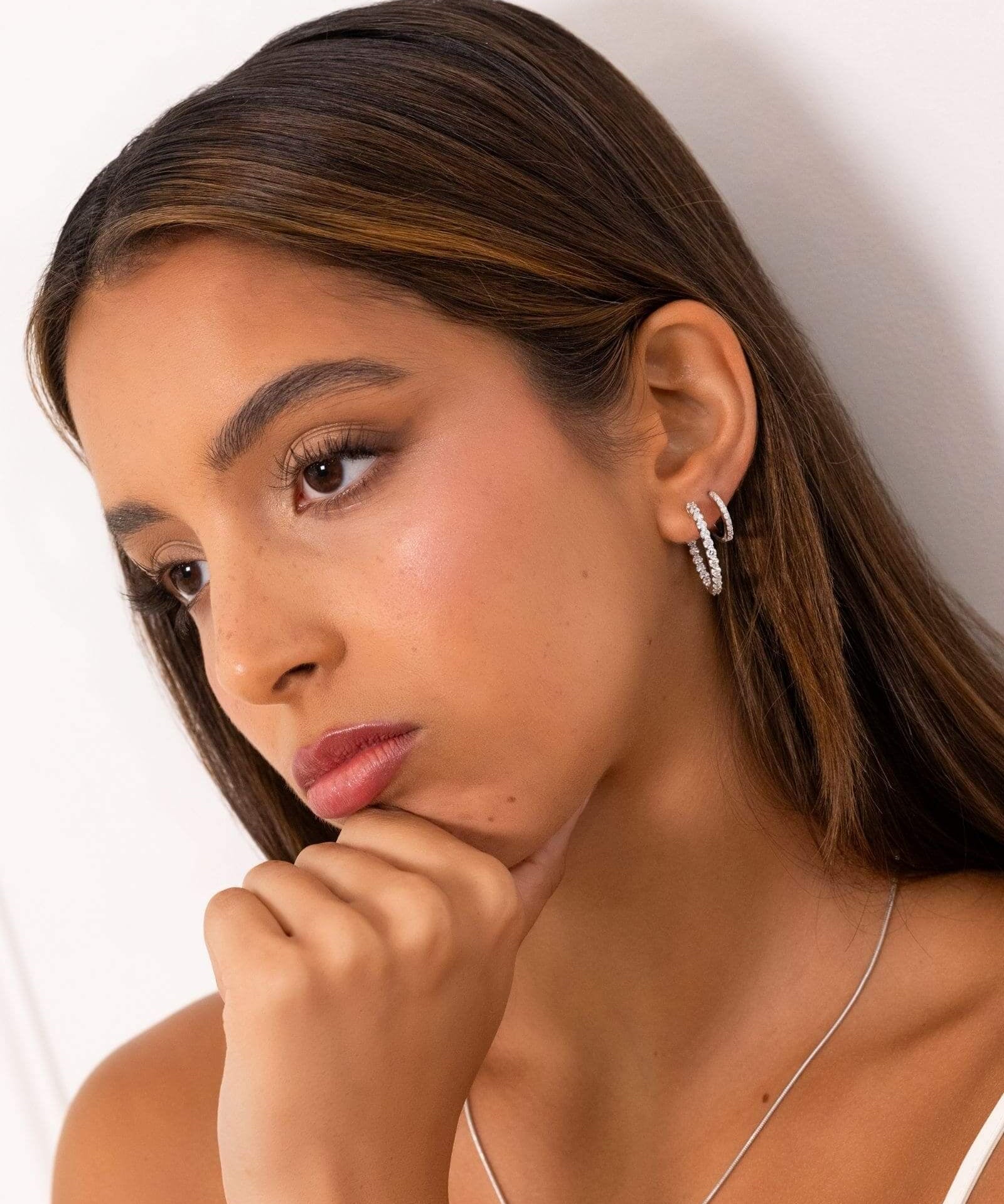 Roma Silver Diamond Hoop Earrings by Lavana on model classic round cut lab grown diamonds in sterling silver
