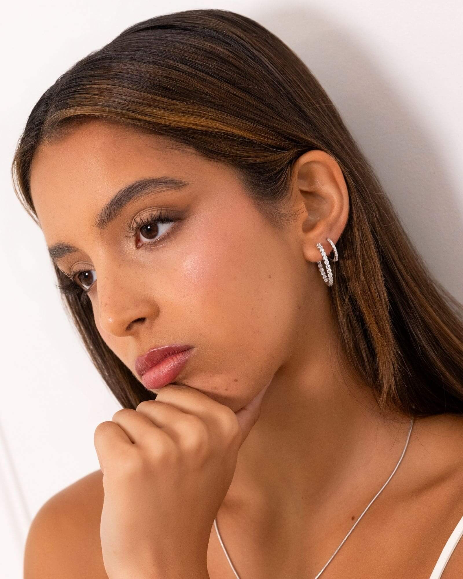 Roma Silver Diamond Hoop Earrings by Lavana on model classic round cut lab grown diamonds in sterling silver