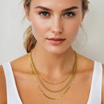 Rope Trinity Gold Chain Necklace Set by Lavana, on model; three layered chains with rope middle