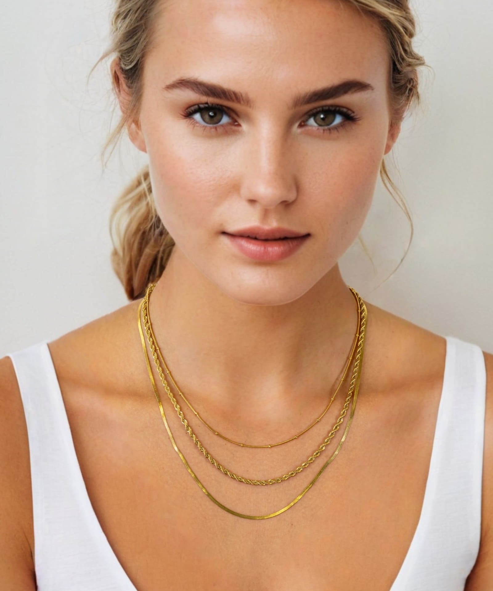 Rope Trinity Gold Chain Necklace Set by Lavana, on model; three layered chains with rope middle