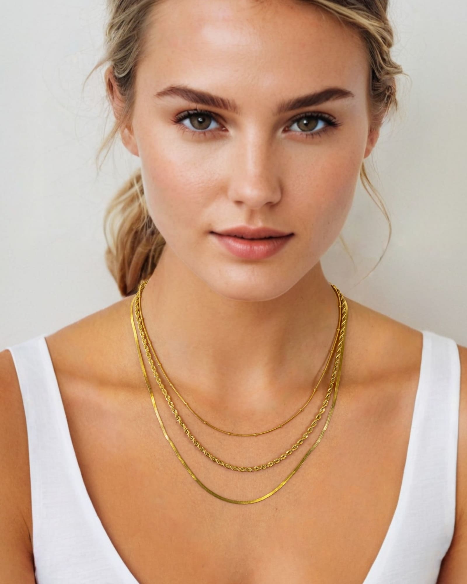 Rope Trinity Gold Chain Necklace Set by Lavana, on model; three layered chains with rope middle