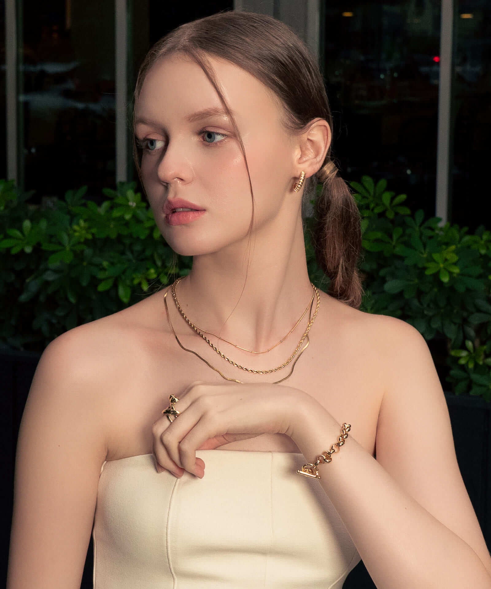 Rope Trinity Gold Chain Necklace Set by Lavana, on model; three layered classic chains with rope middle 