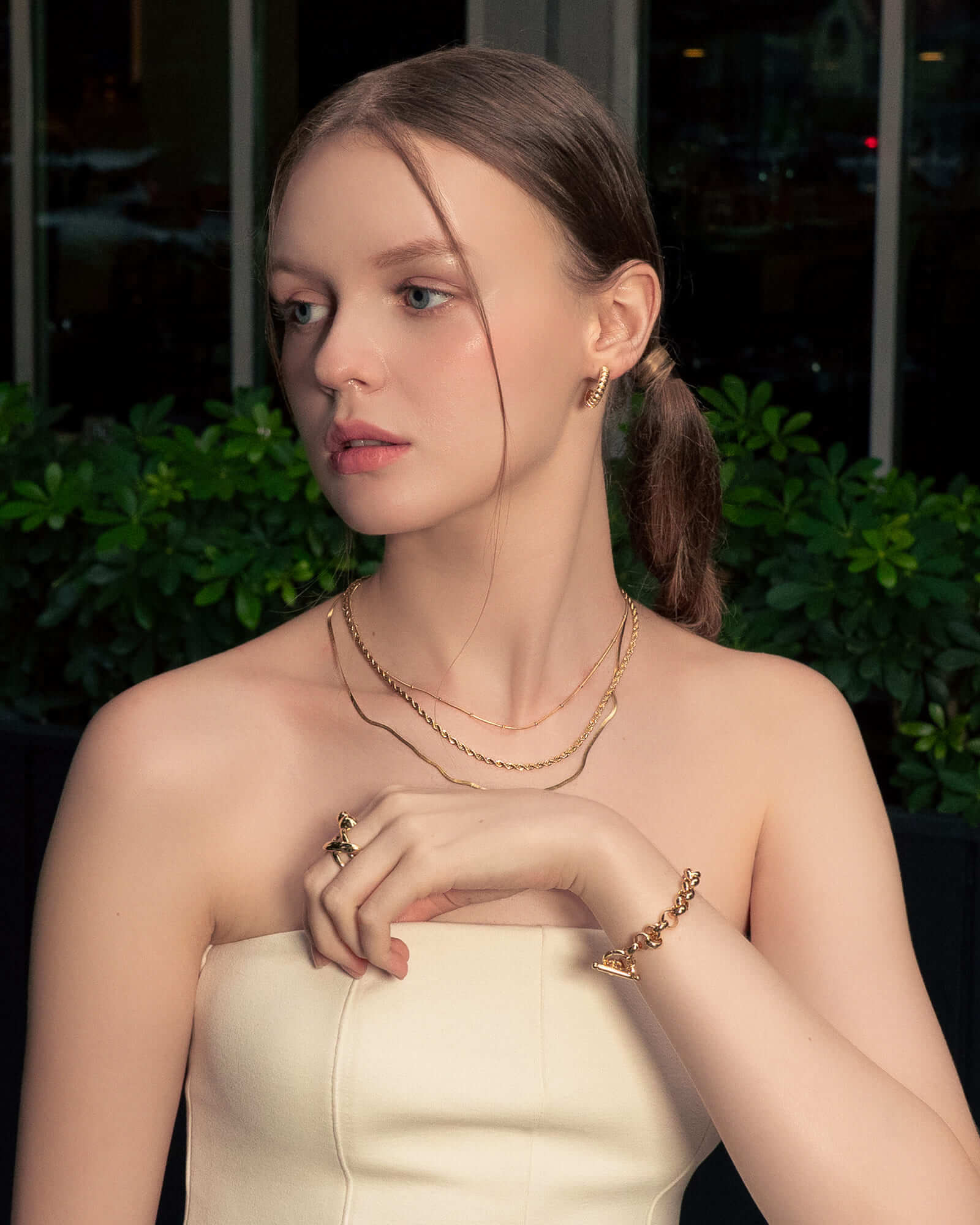Rope Trinity Gold Chain Necklace Set by Lavana, on model; three layered classic chains with rope middle 