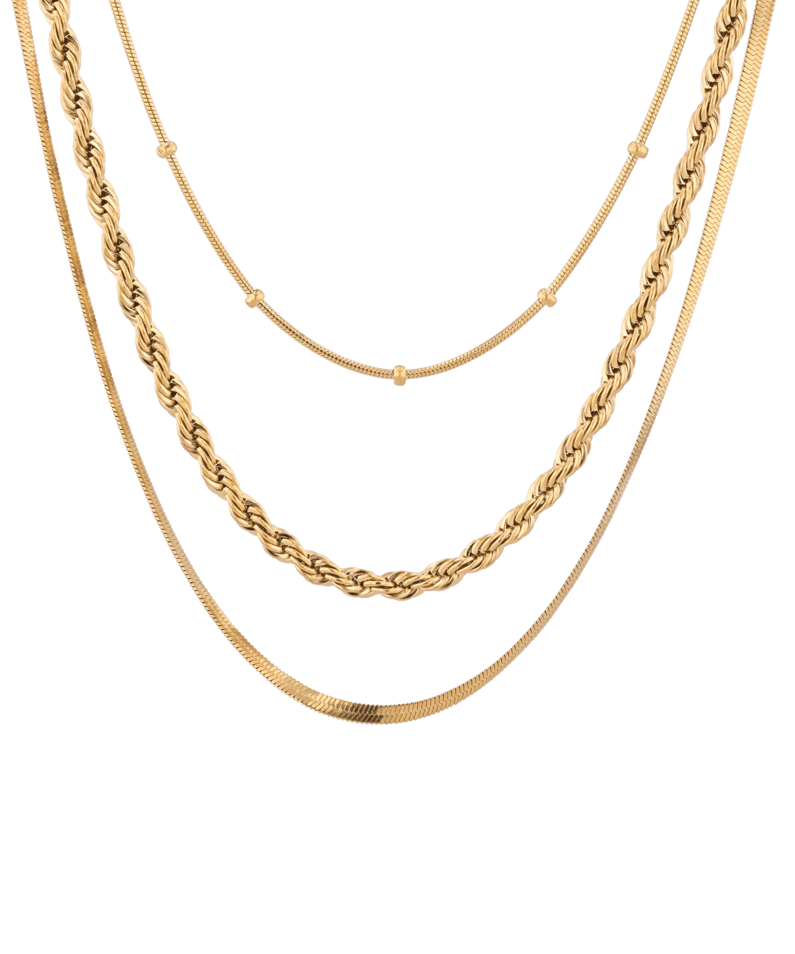 Rope Trinity Gold Chain Necklace Set by Lavana, three layered chains with rope middle