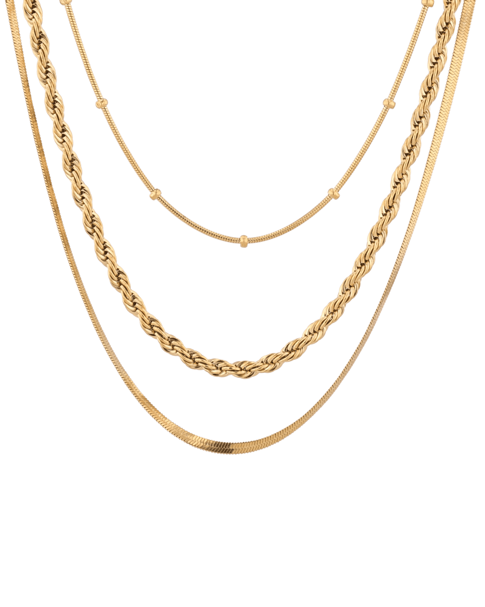 Rope Trinity Gold Chain Necklace Set by Lavana, three layered chains with rope middle