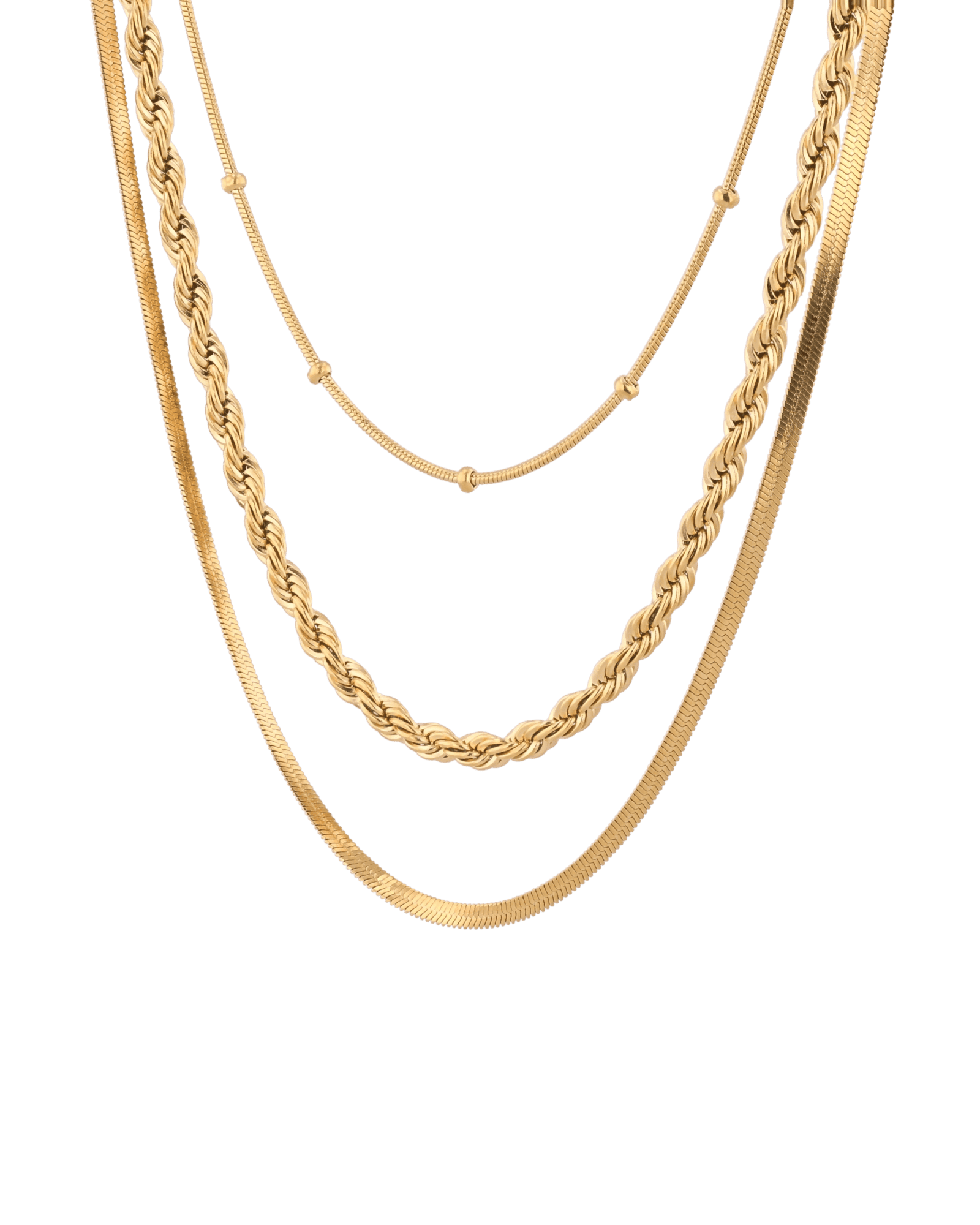 Rope Trinity Gold Chain Necklace Set by Lavana, three layered chains with rope middle