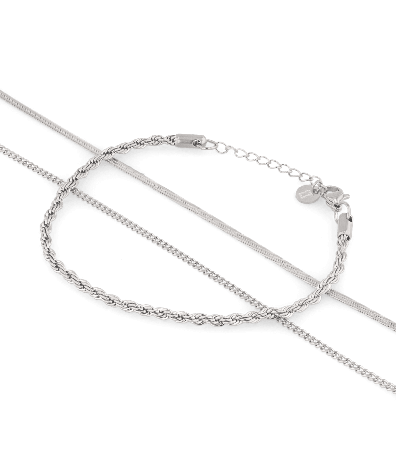 Rope Trinity Silver Bracelet Set by Lavana, textured rope with snake and cable chains - 1