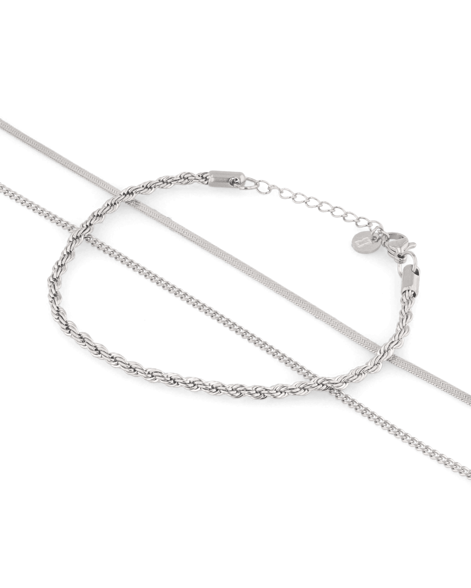 Rope Trinity Silver Bracelet Set by Lavana, textured rope with snake and cable chains - 1