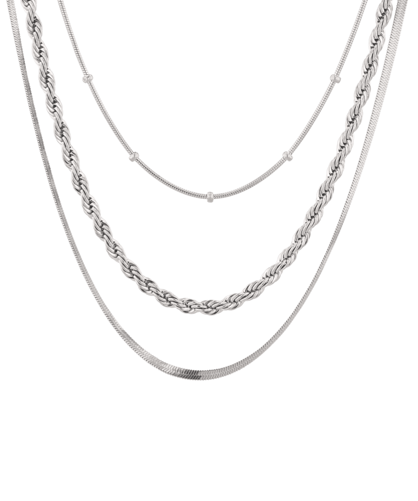 Rope Trinity Silver Chain Necklace Set by Lavana, three layered chains with rope middle