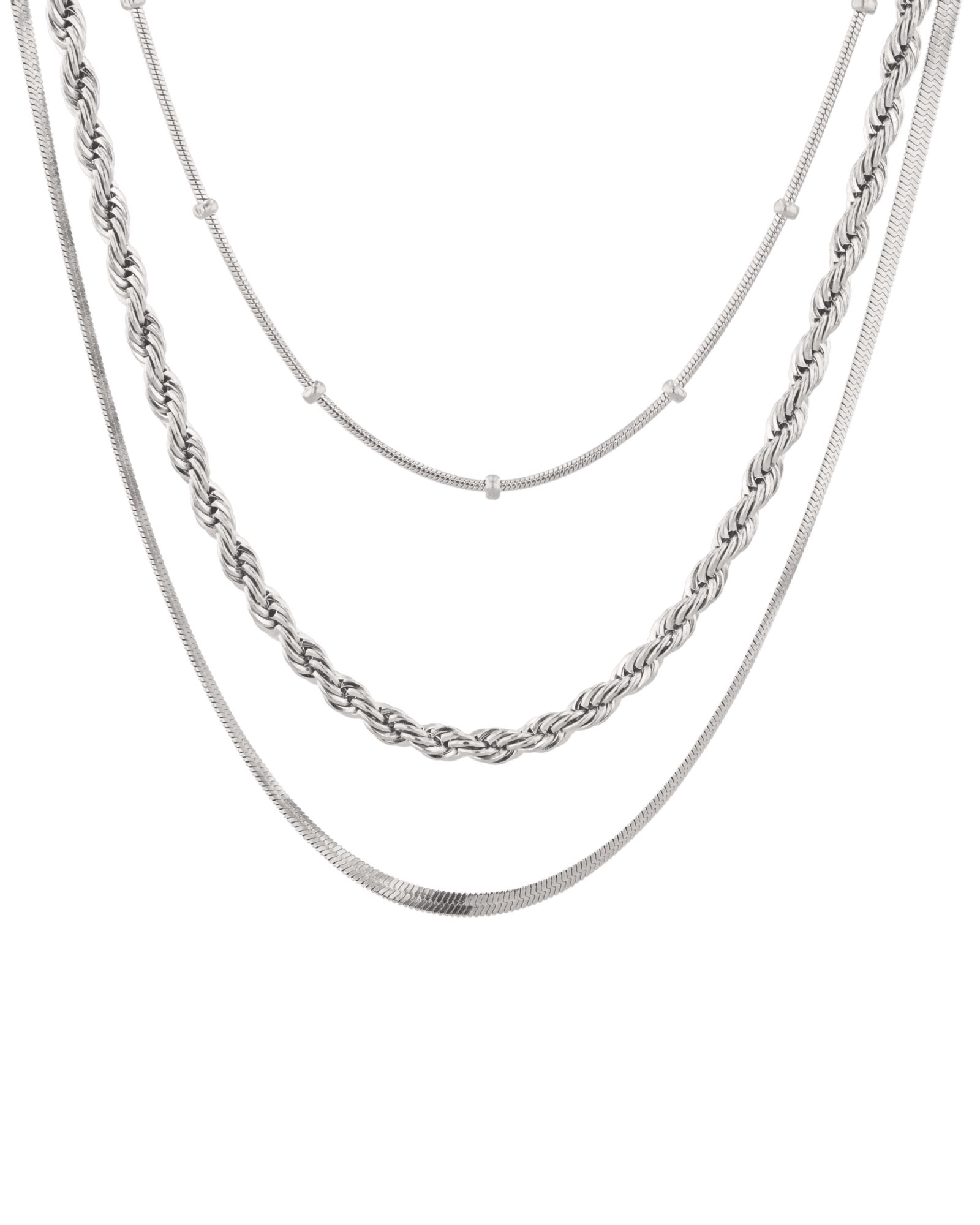 Rope Trinity Silver Chain Necklace Set by Lavana, three layered chains with rope middle