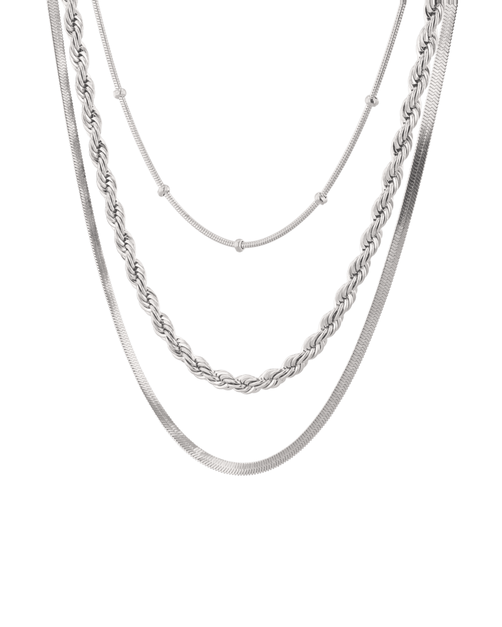Rope Trinity Silver Chain Necklace Set by Lavana, three layered chains with rope middle