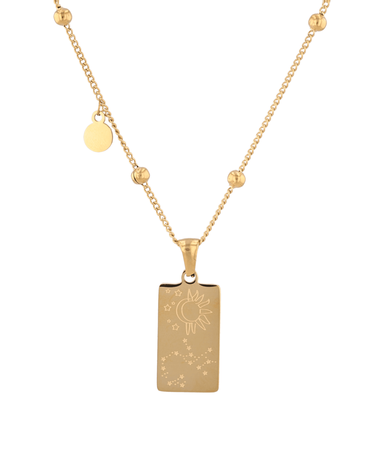 Sagittarius Gold Zodiac Tag Necklace by Lavana, engraved tag on beaded chain, back view