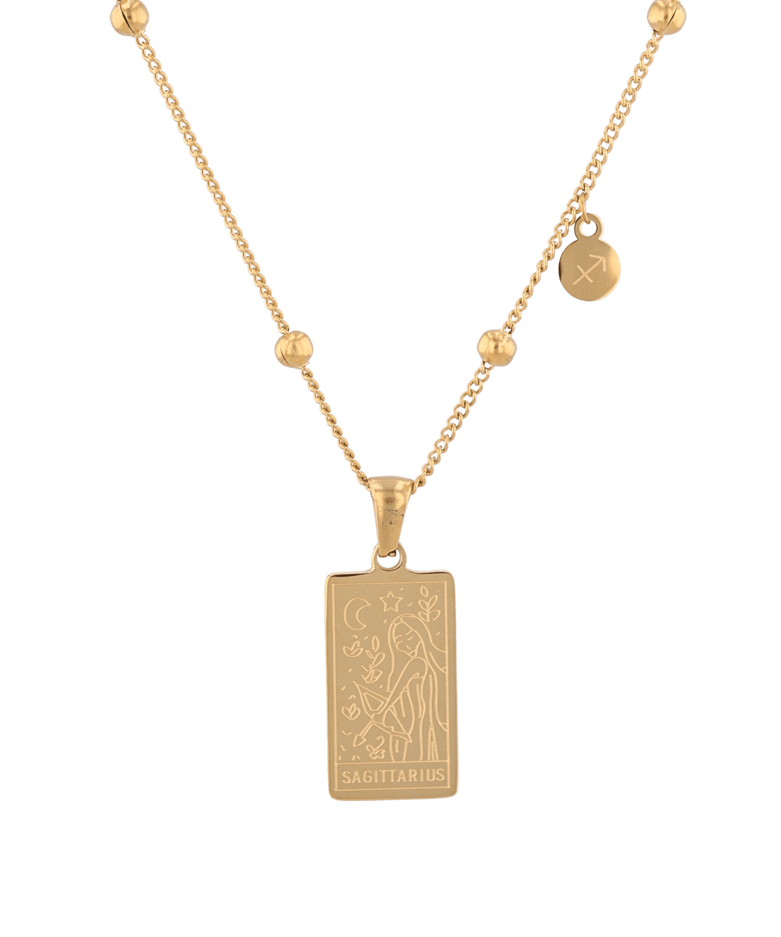Sagittarius Gold Zodiac Tag Necklace by Lavana, engraved tag on beaded chain, front view