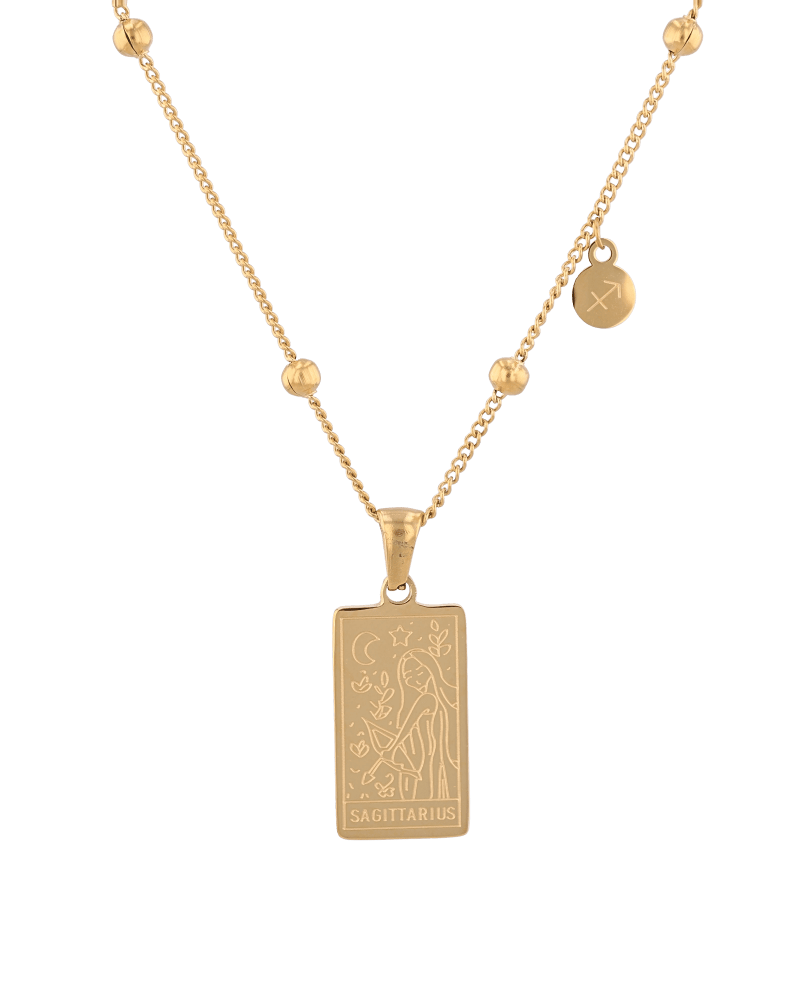 Sagittarius Gold Zodiac Tag Necklace by Lavana, engraved tag on beaded chain, front view