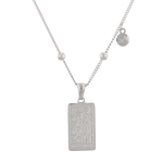 Sagittarius Silver Zodiac Tag Necklace by Lavana, engraved tag on beaded chain, front view