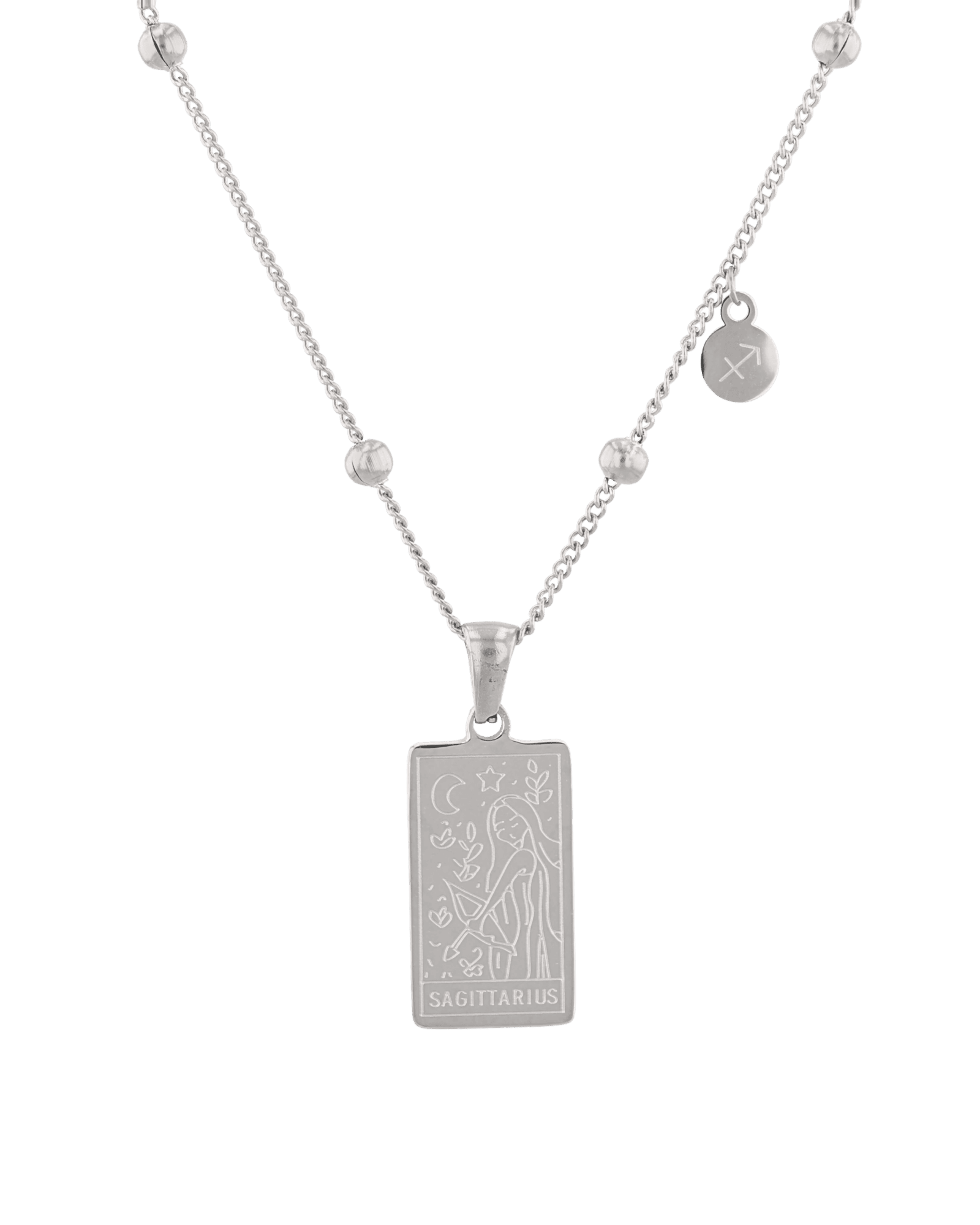 Sagittarius Silver Zodiac Tag Necklace by Lavana, engraved tag on beaded chain, front view