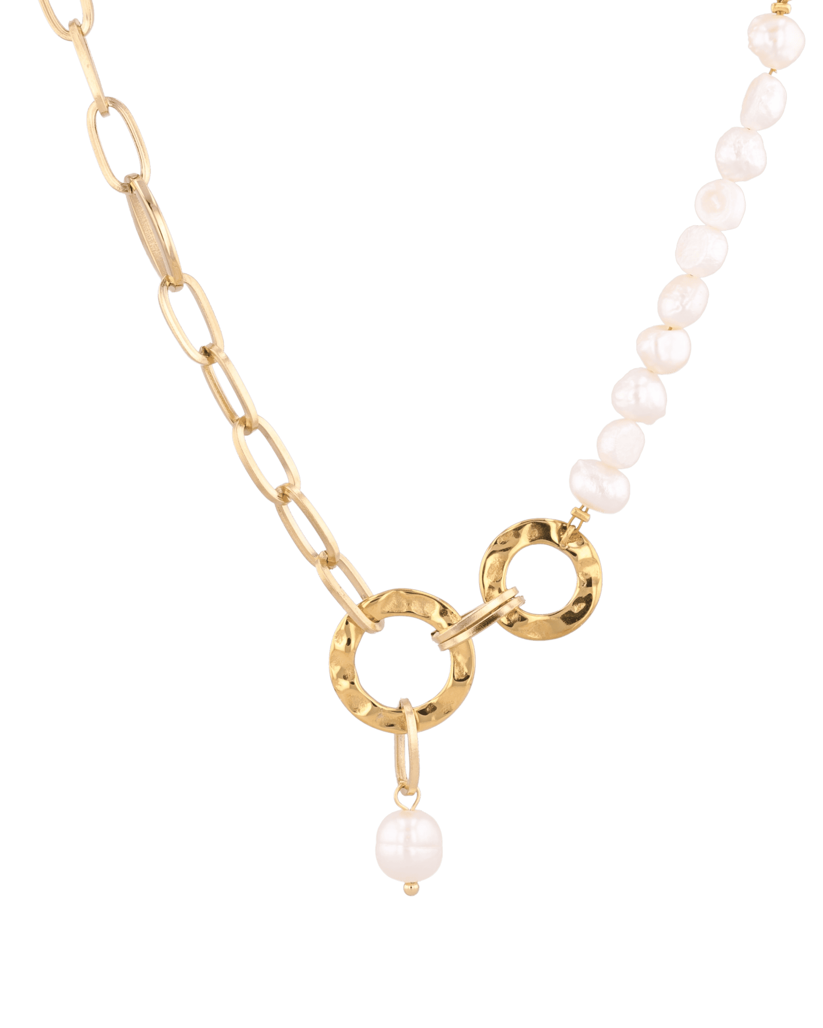 Sardinia gold pearl necklace by Lavana with asymmetric links and freshwater pearl drop