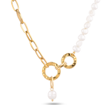 Sardinia gold pearl necklace by Lavana with asymmetric links and freshwater pearl drop
