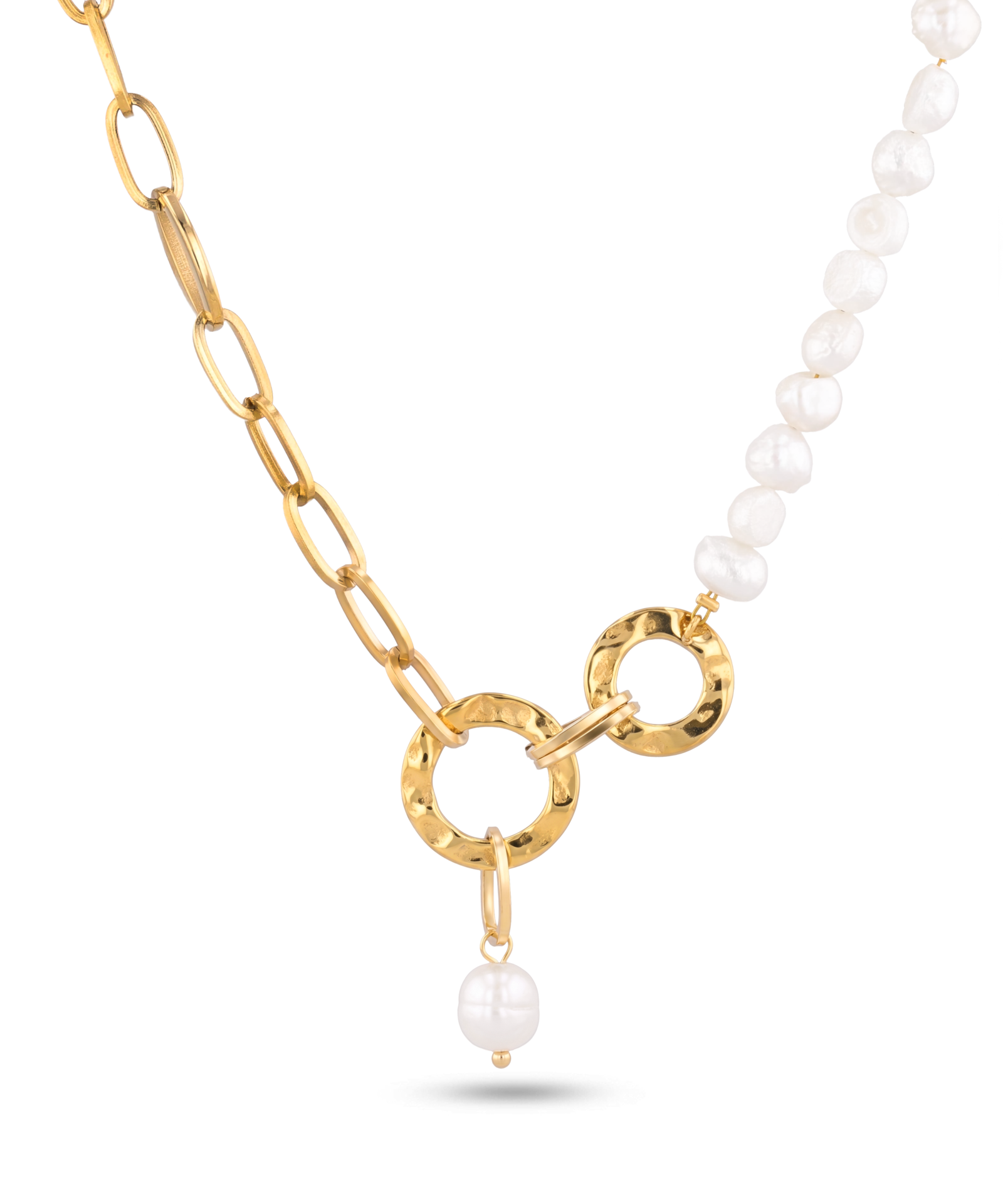 Sardinia gold pearl necklace by Lavana with asymmetric links and freshwater pearl drop