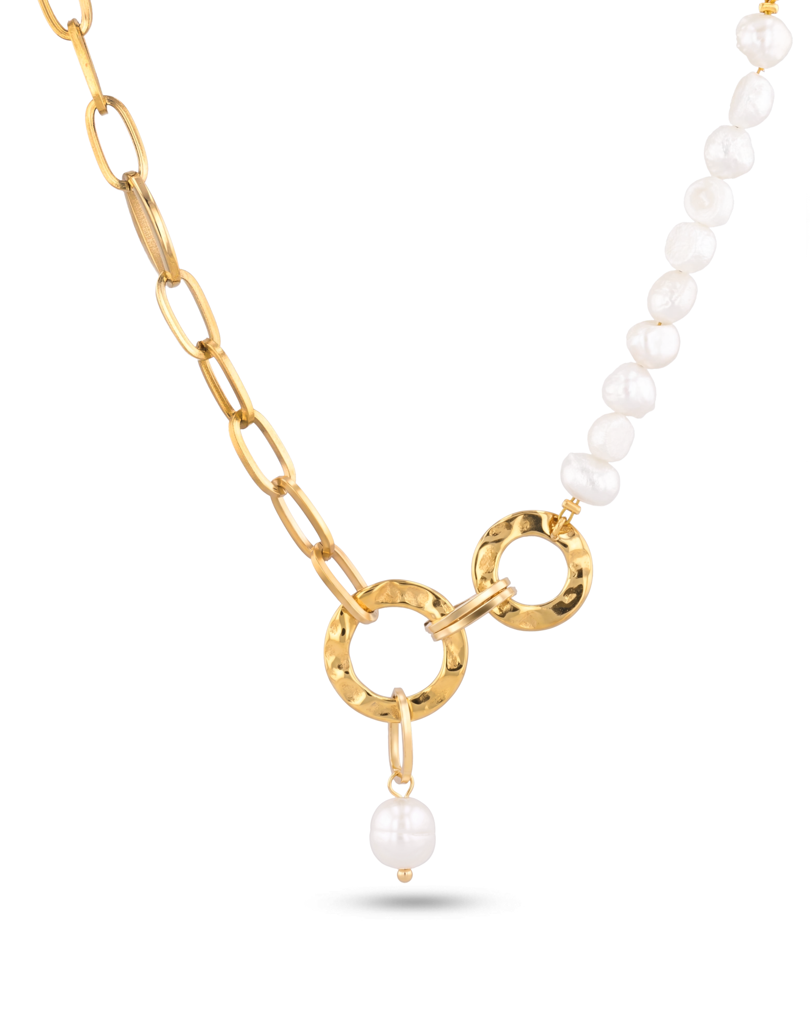 Sardinia gold pearl necklace by Lavana with asymmetric links and freshwater pearl drop