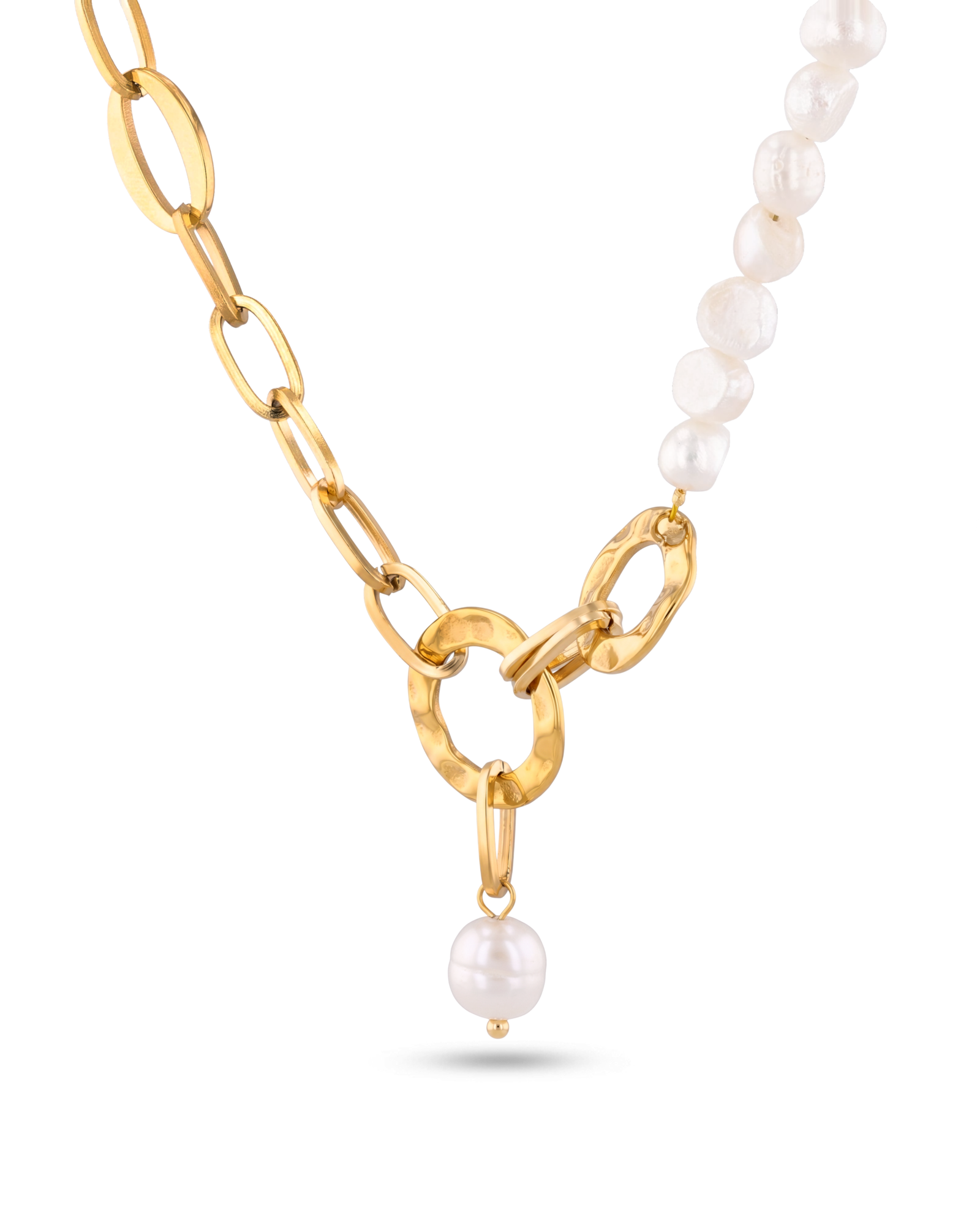 Sardinia gold pearl necklace by Lavana with asymmetric links and freshwater pearl drop