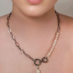Sardinia Silver Pearl Necklace by Lavana on model with asymmetric links and freshwater pearl drop