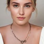Sardinia Silver Pearl Necklace by Lavana on model with asymmetric links and freshwater pearl drop