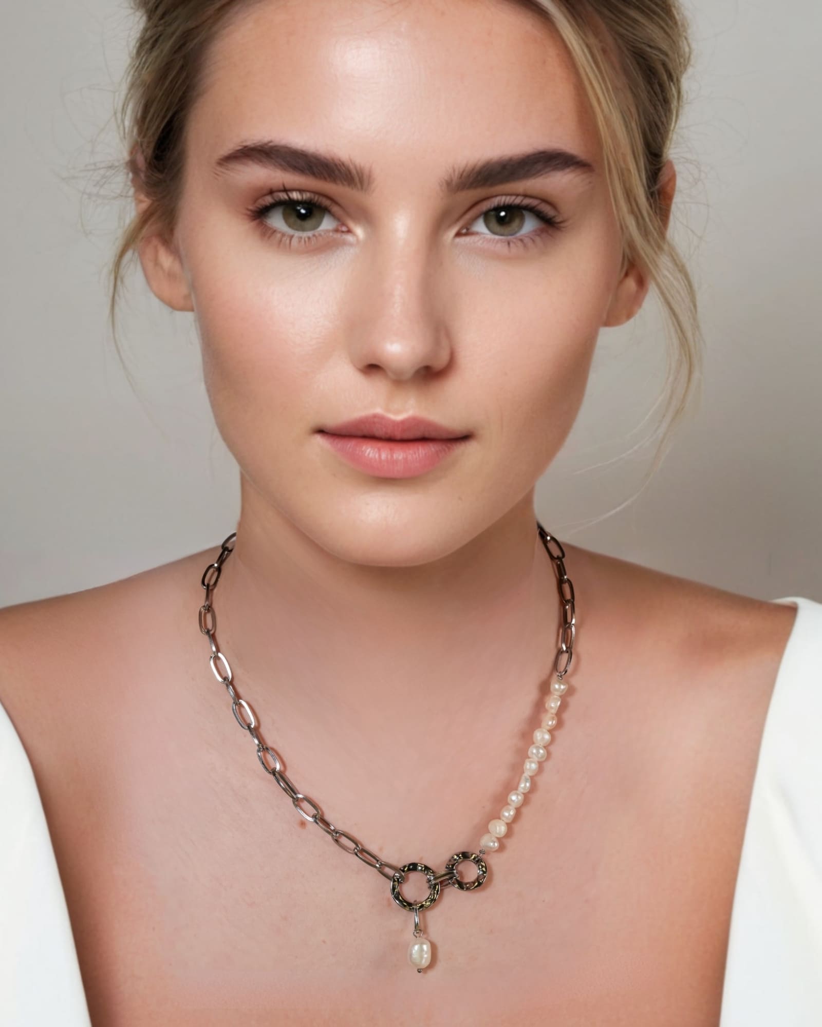 Sardinia Silver Pearl Necklace by Lavana on model with asymmetric links and freshwater pearl drop