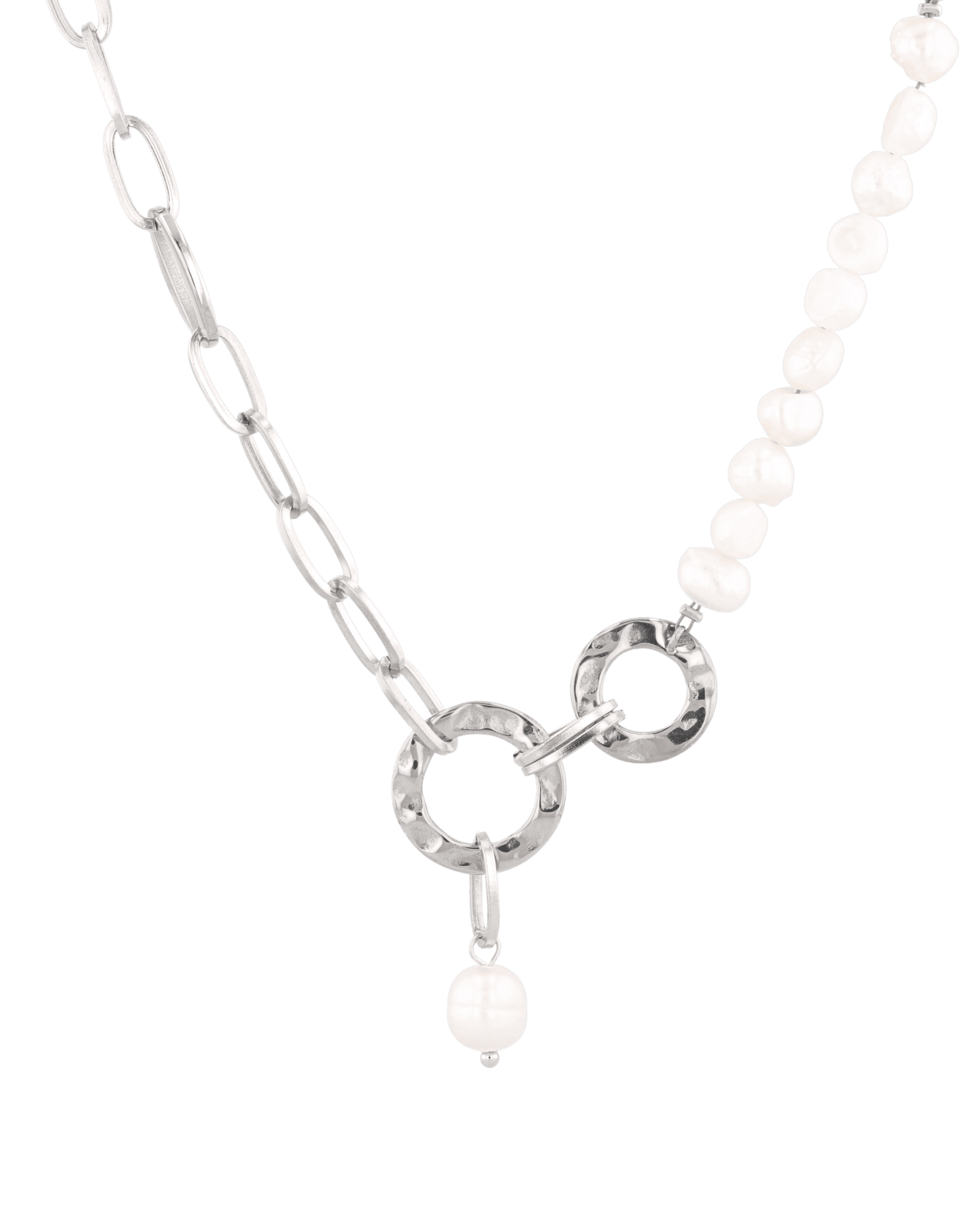 Sardinia silver pearl necklace by Lavana with asymmetric links and freshwater pearl drop