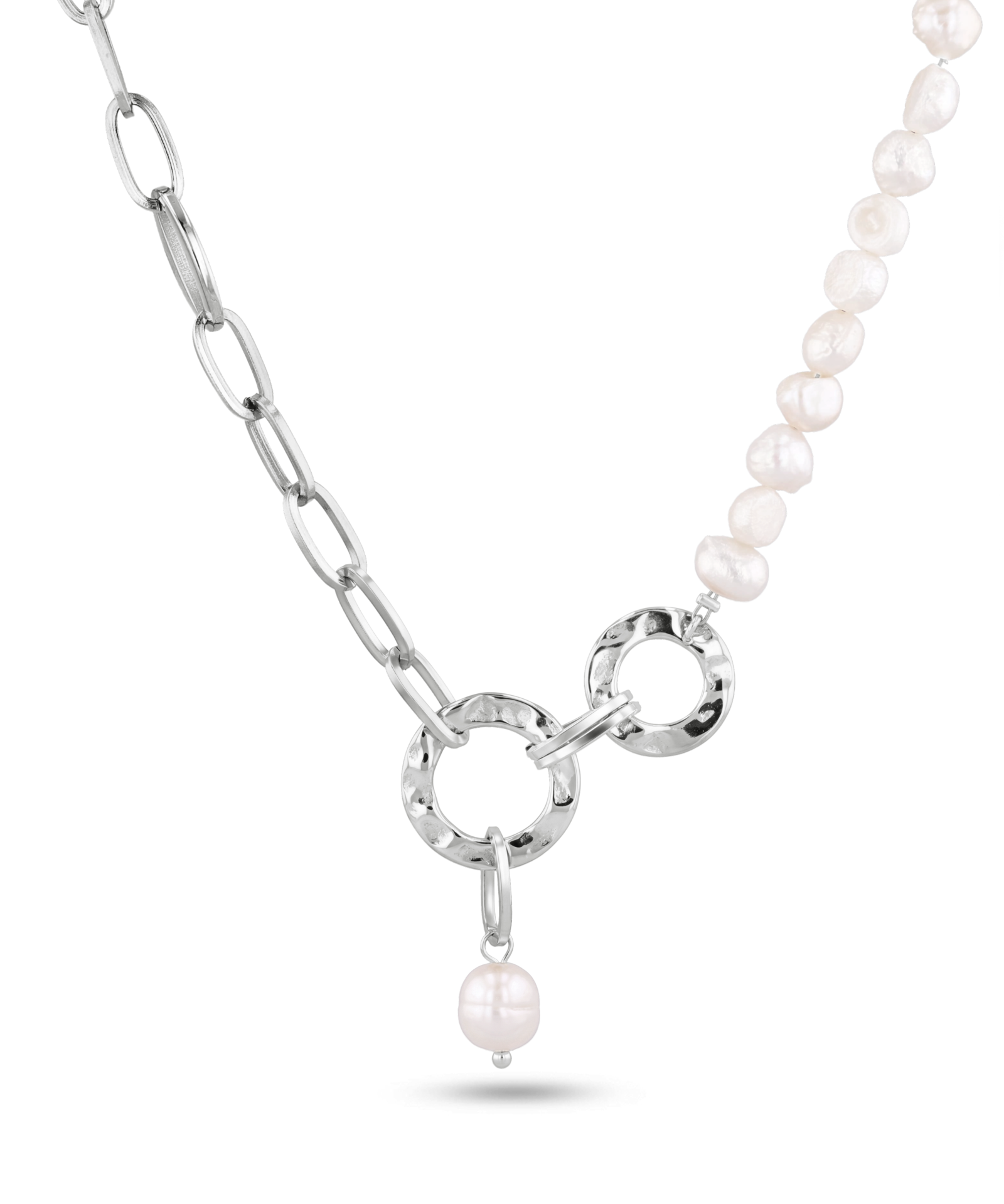 Sardinia silver pearl necklace by Lavana with asymmetric links and freshwater pearl drop