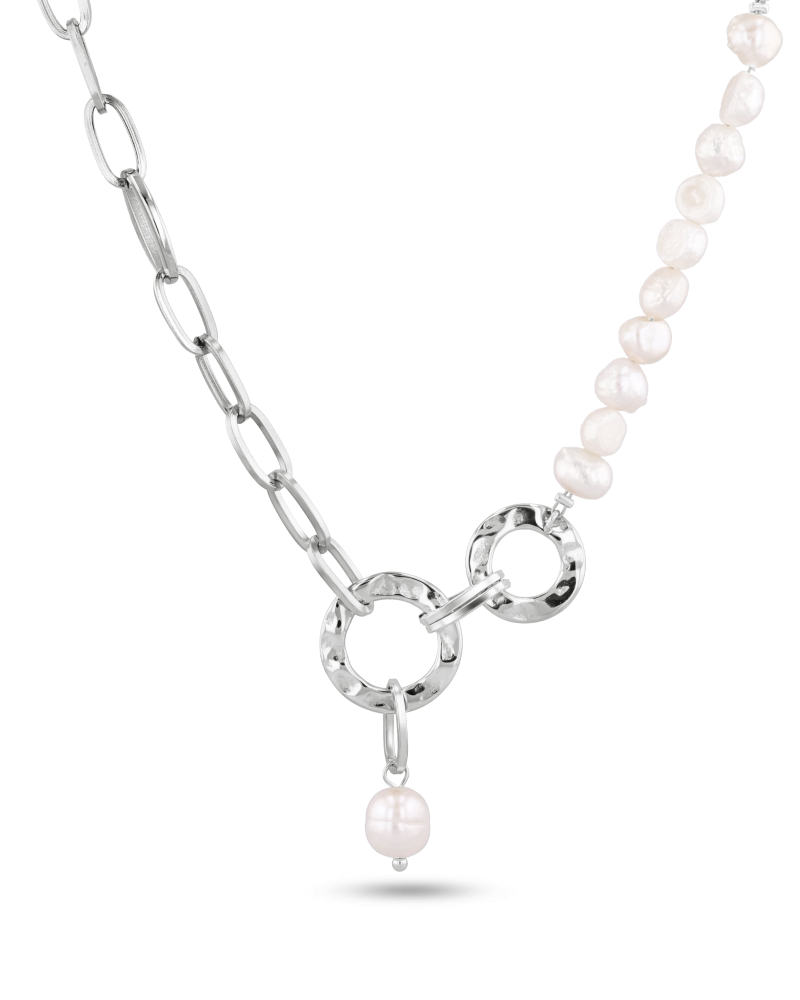 Sardinia silver pearl necklace by Lavana with asymmetric links and freshwater pearl drop