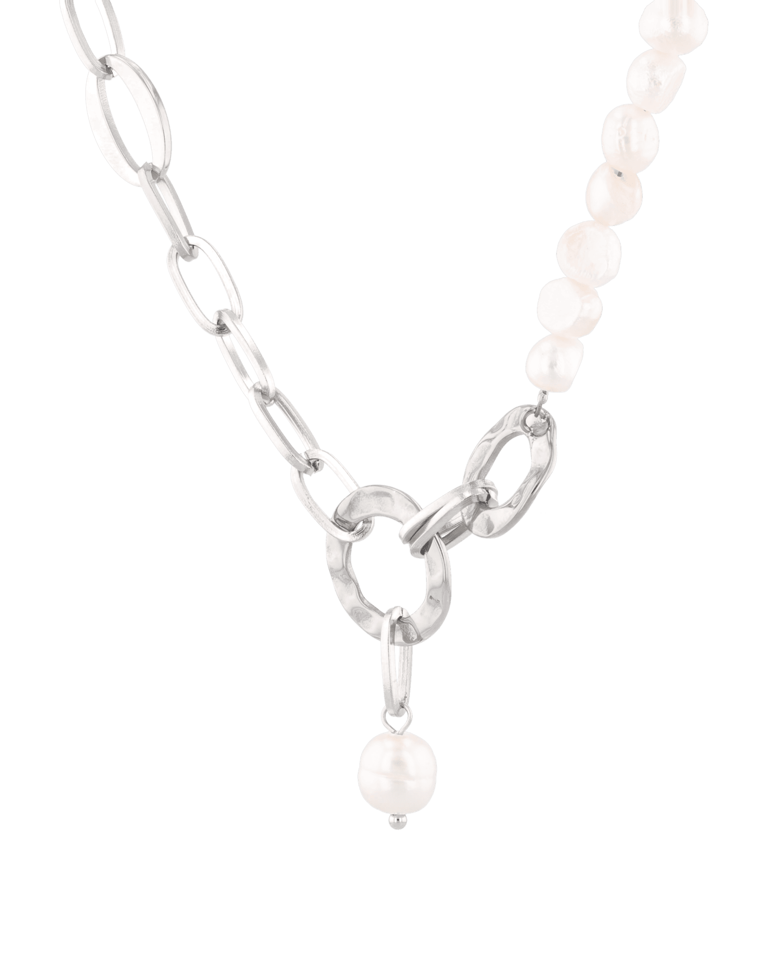 Sardinia silver pearl necklace by Lavana with asymmetric links and freshwater pearl drop