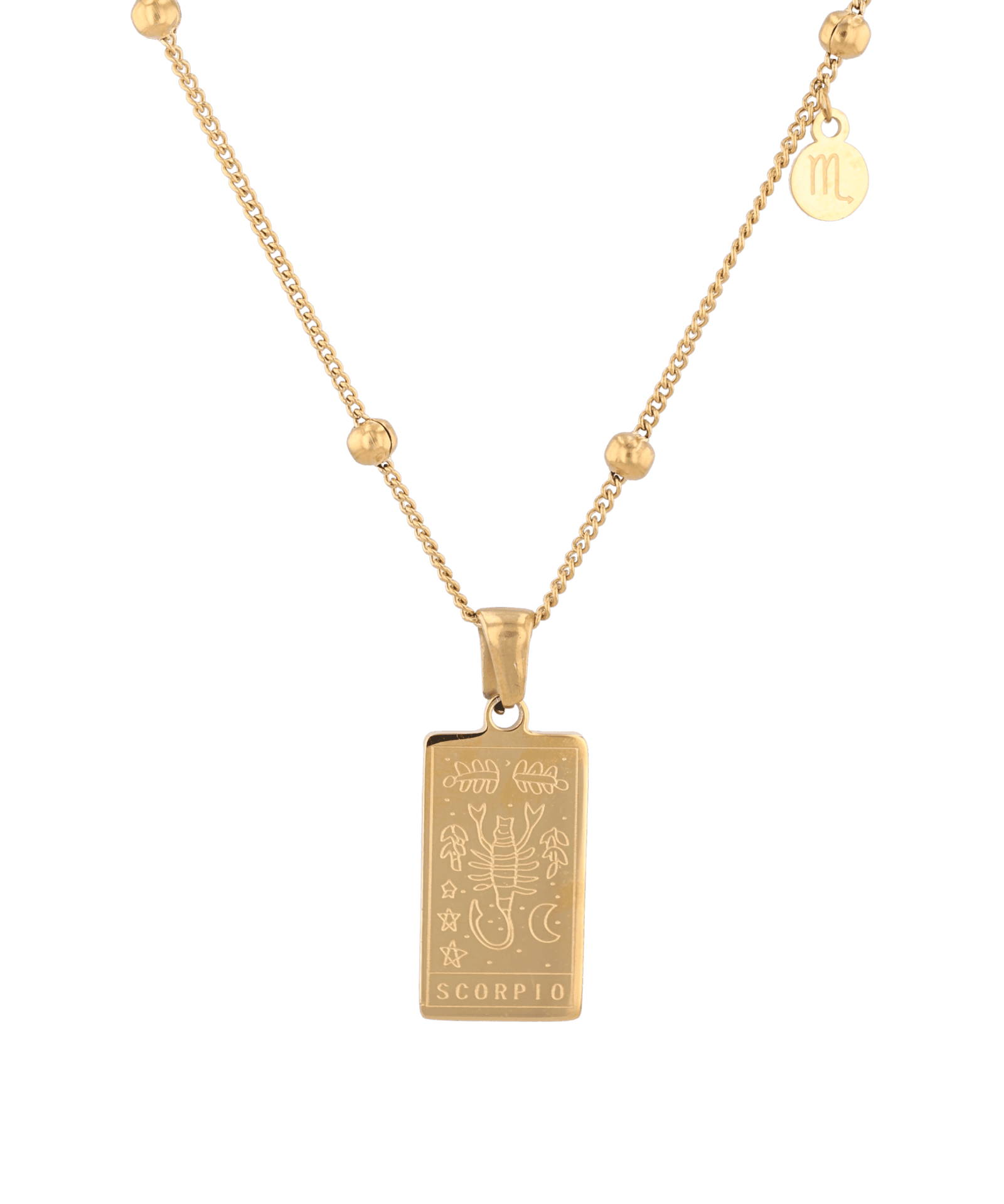Scorpio Gold Zodiac Tag Necklace by Lavana, engraved tag front and back on beaded station chain, front view