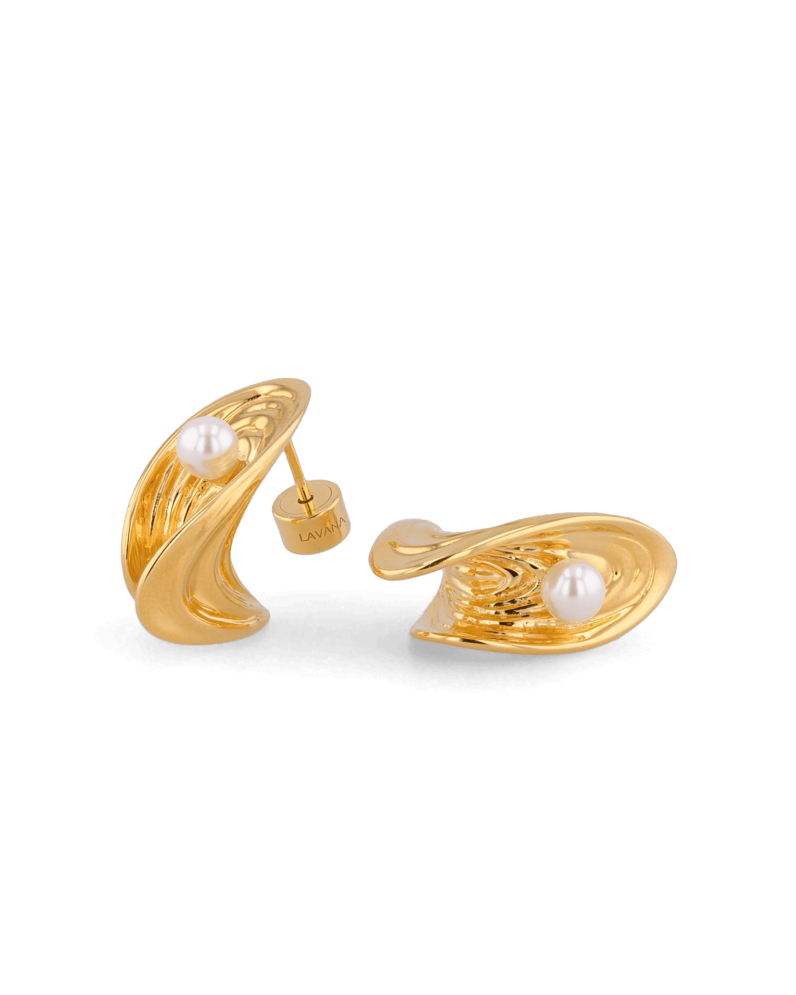 Sea Treasure Gold Stud Earrings by LAVANA, Shell inspired stud with freshwater pearl