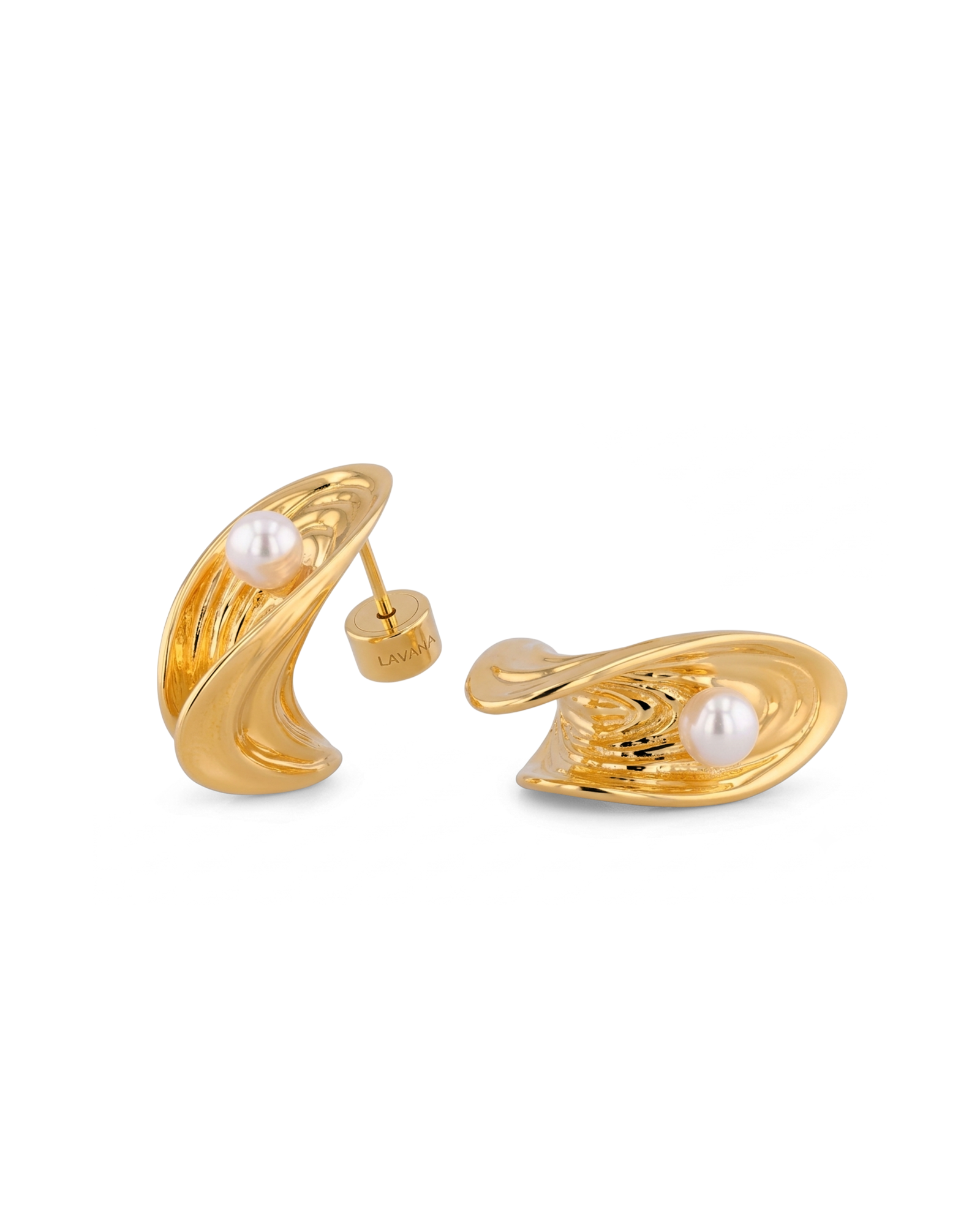 Sea Treasure Gold Stud Earrings by LAVANA, Shell inspired stud with freshwater pearl
