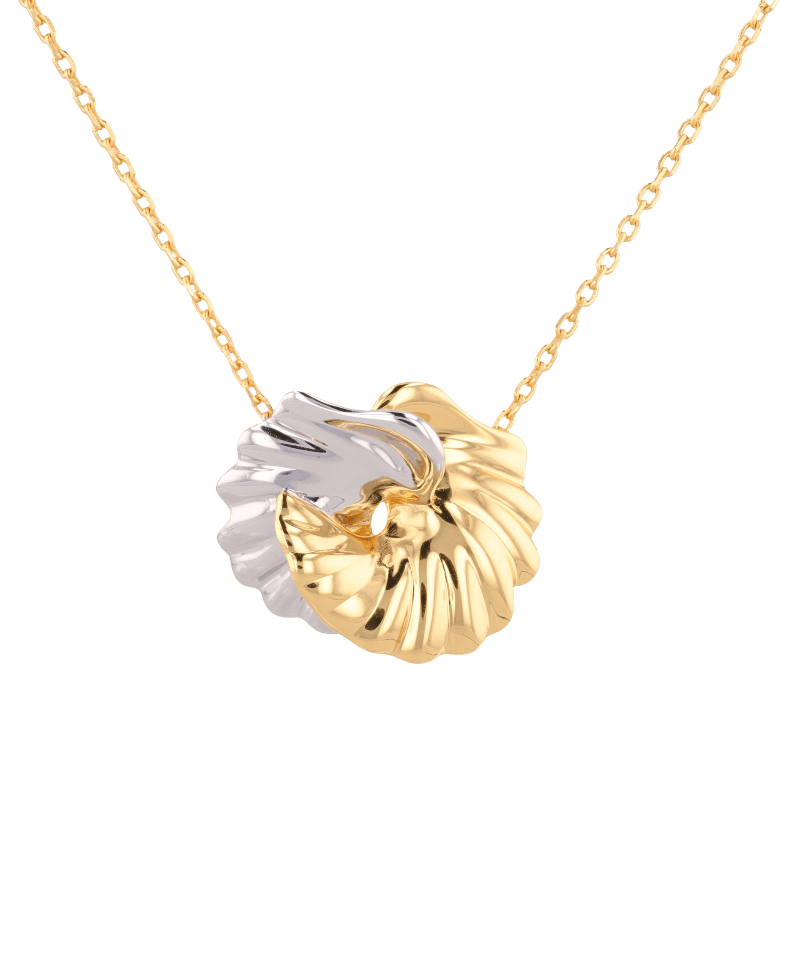 Seashell Two Tone Necklace by Lavana, interlocking gold and silver shell pendant on fine chain