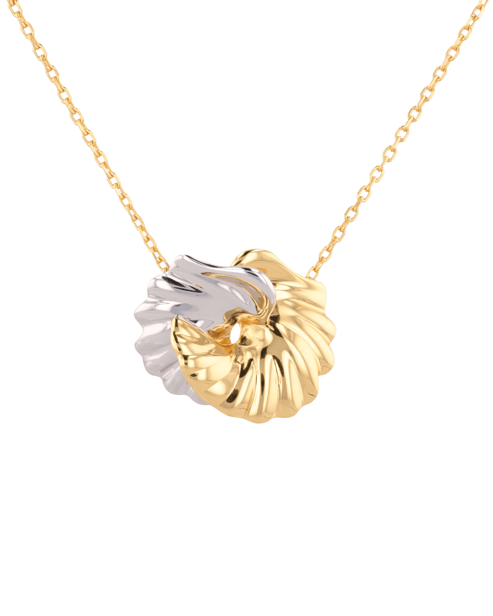 Seashell Two Tone Necklace by Lavana, interlocking gold and silver shell pendant on fine chain