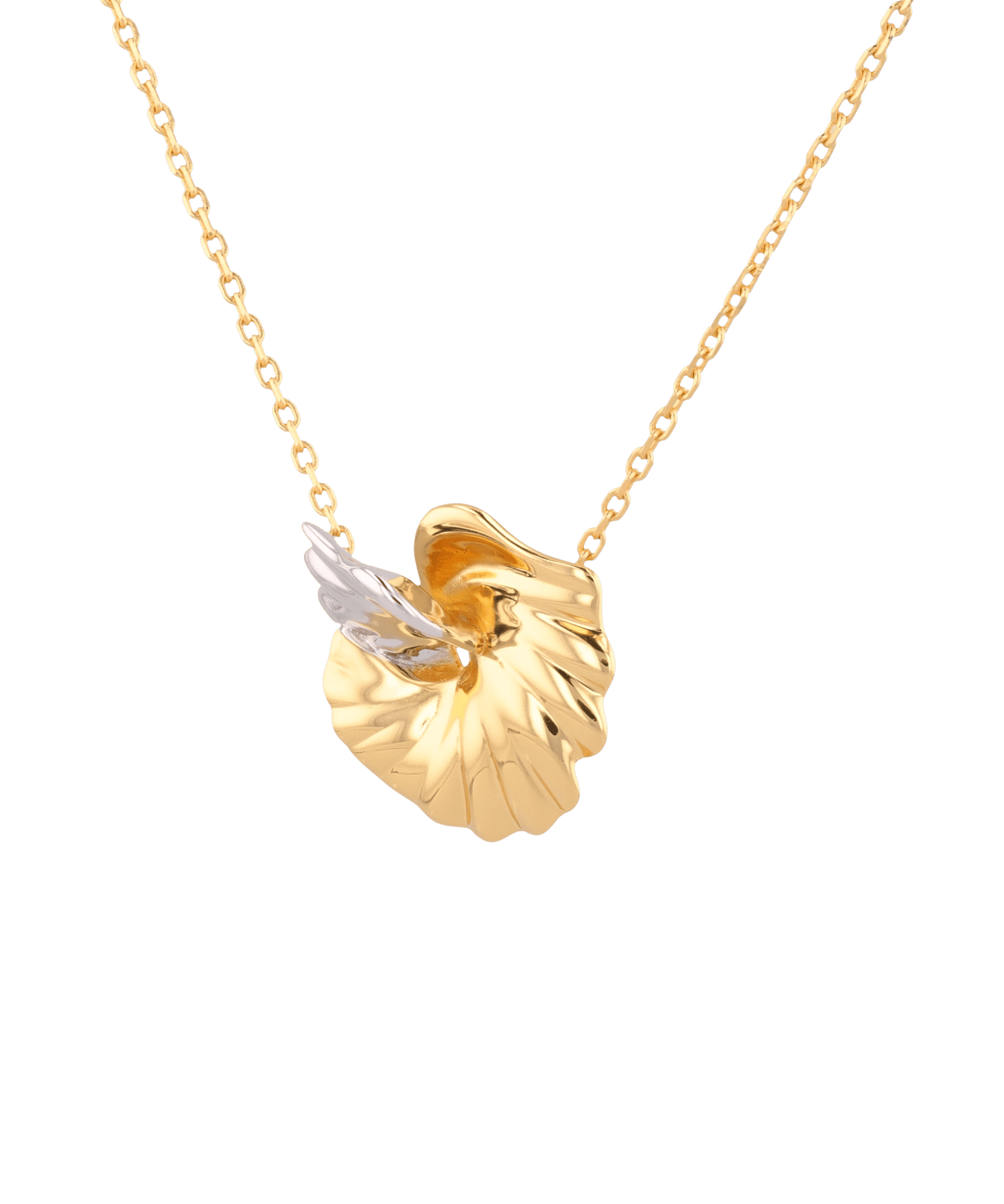 Seashell Two Tone Necklace by Lavana, interlocking gold and silver shell pendant on fine chain
