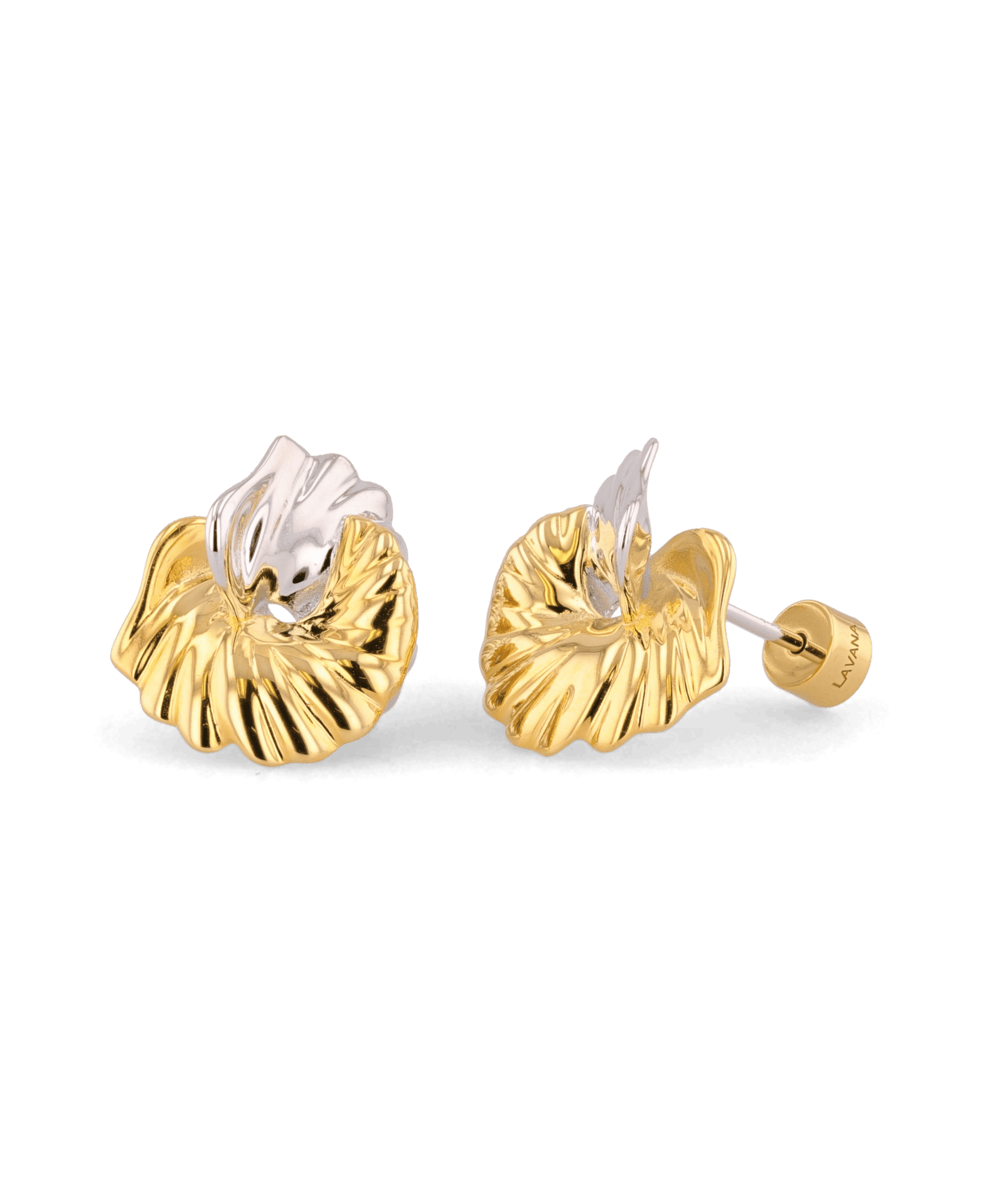 Seashell Two Tone Stud Earrings by Lavana, silver outer shell with gold inner detail