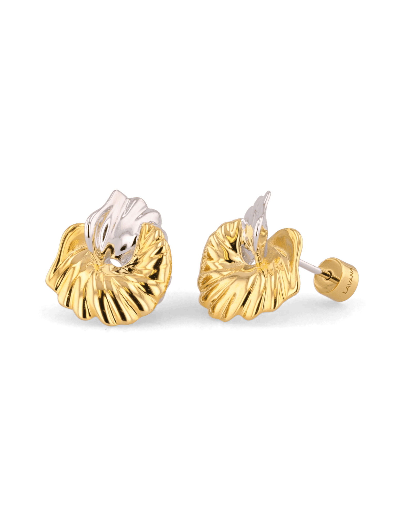 Seashell Two Tone Stud Earrings by Lavana, silver outer shell with gold inner detail