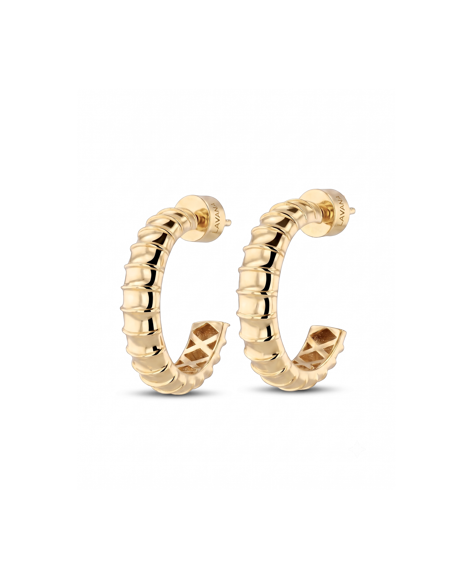 Serpentine Gold Hoop Earrings by Lavana featuring snake scale texture and criss cross gallery