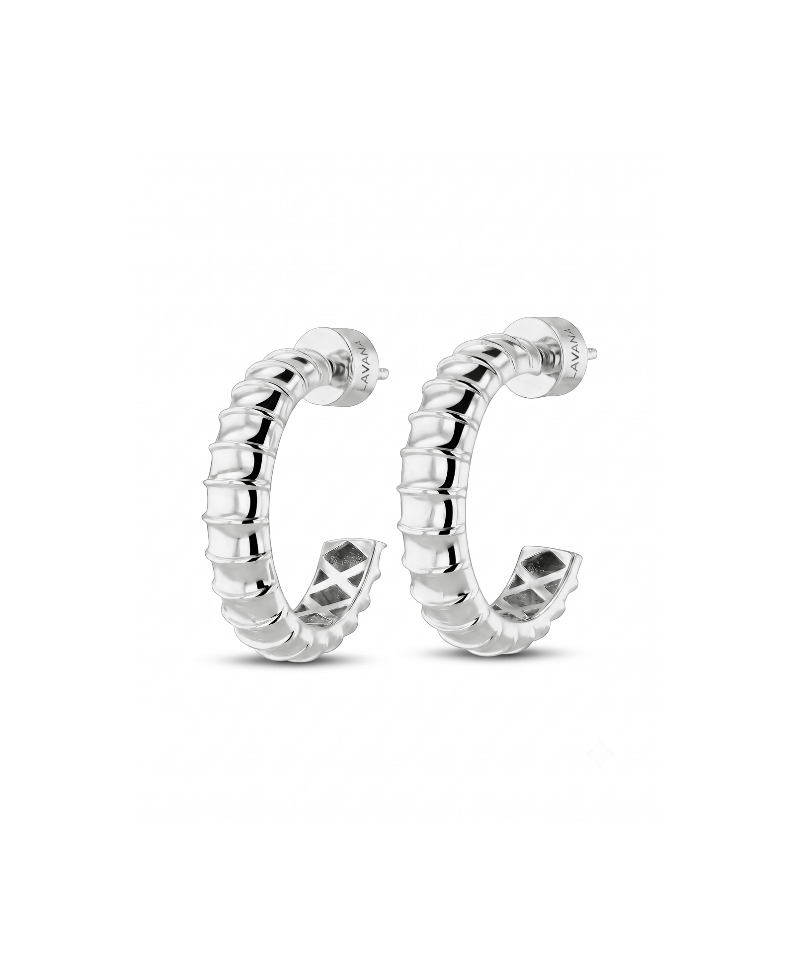 Serpentine Silver Hoop Earrings by Lavana featuring snake scale texture and criss cross gallery
