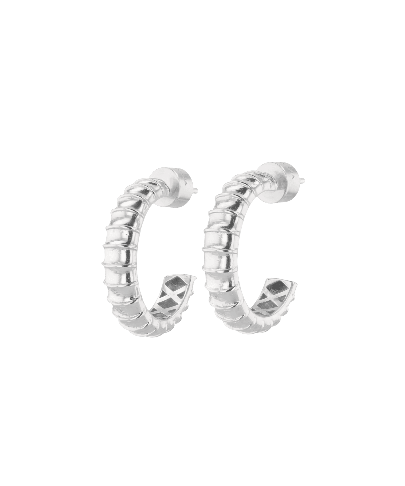 Serpentine Silver Hoop Earrings by Lavana featuring snake scale texture and criss cross gallery