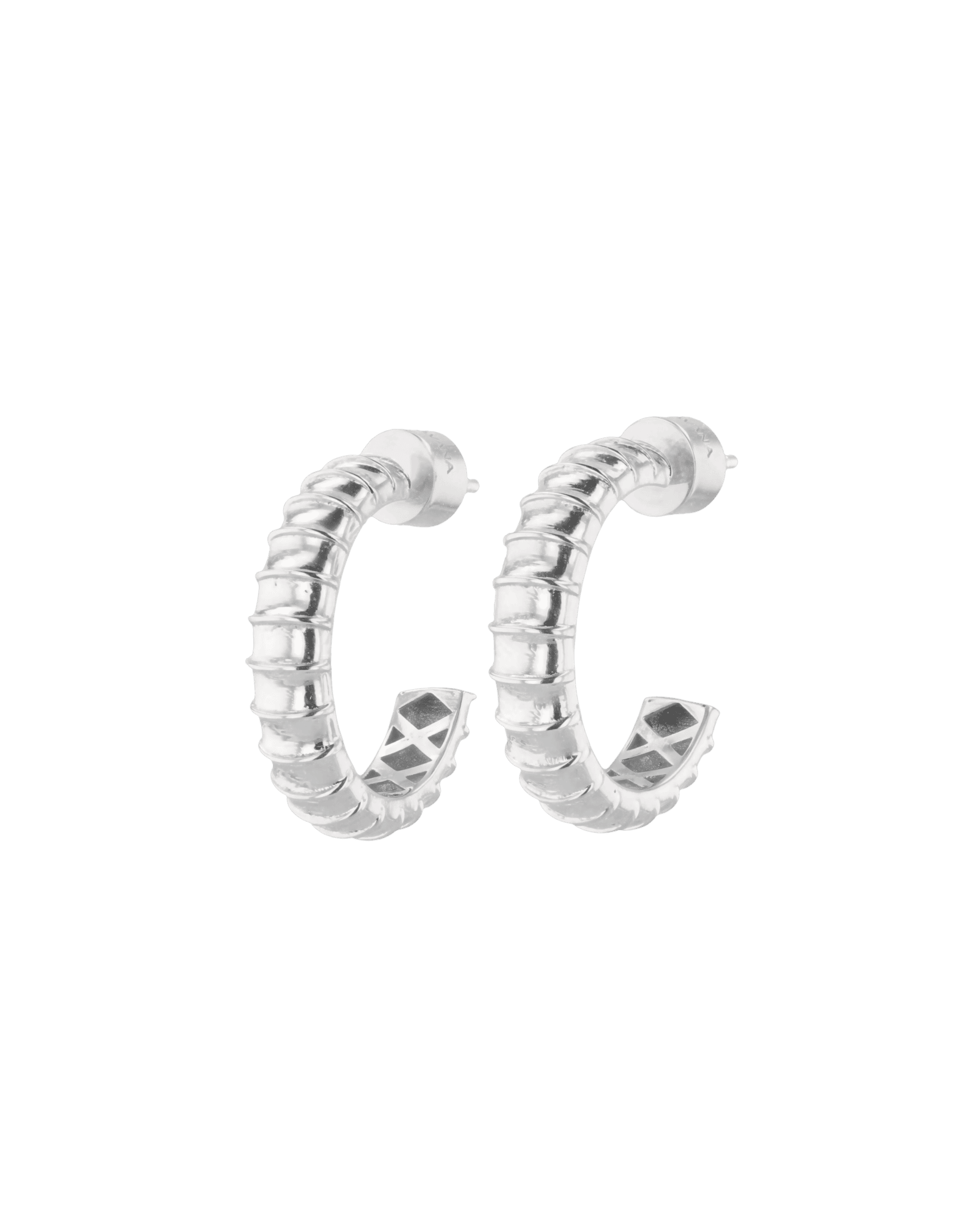 Serpentine Silver Hoop Earrings by Lavana featuring snake scale texture and criss cross gallery