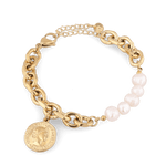 Sicily Gold Pearl Bracelet by Lavana, chunky link chain with freshwater pearls and coin medallion charm